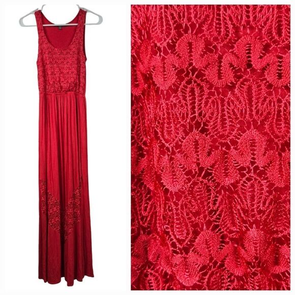 Finn & Clover Red Lace Maxi Dress Sleeveless Sheer Chevron Panel Bohemian Casual - Picture 1 of 10